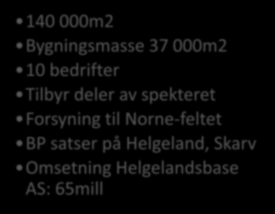 Forsyningsbaser Vestbase 560 000m2 Bygningsmasse 60 000m2 60 bedrifter Tilbyr hele spekteret av tjenester nødvendig for offshore.