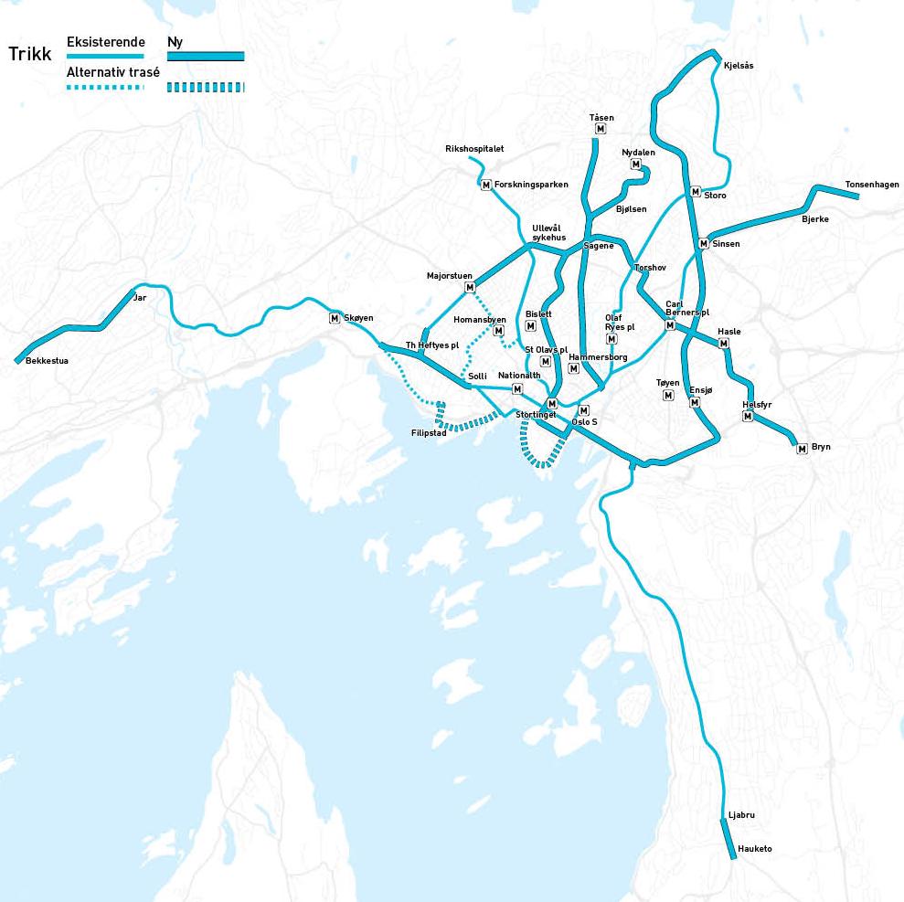 Langsiktig utvikling av trikkenettet i Oslo Bjørvika Kvadraturen Tonsenhagen Hauketo Ring 2 videre til Bryn St. Hanshaugen - Sagene - Nydalen A.