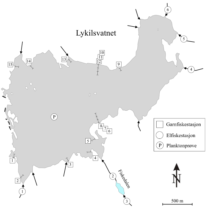 RESULTATER 1 LYKILSVATNET INNSJØEN Lykilsvatnet (Løkjelsvatnet) ligger 625,1 moh. ved HRV og 605,4 moh. ved LRV, som gir en reguleringshøyde på 19,7 m. Vannstand før regulering var 617,0 moh.