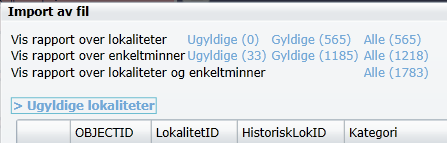 De ugyldige kan rettes: Her er mangler i utfylte felt markert med rødt, som i Askeladden. Til høyre er det to kolonner, a! og g! avkryssing her forteller om feilen dreier seg om egenskaper; a!