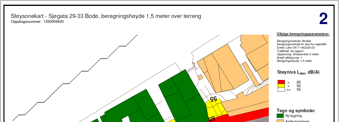 STØYUTREDNING 11 Figur 5 Støysonekart for vegtrafikkstøy iht. T-1442, 1,5 meter over terreng. 5.2 Punktberegninger Det er gjort punktberegninger på støyutsatte fasader for å gi mer eksakte verdier på støynivåene.