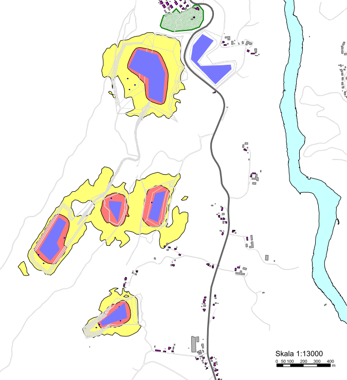 STØYUTREDNING 17 (28) 7.1.2 Støysonekart kveld (L evening ) Figur 6: Støysonekart L evening for drift man-tors. Grenseverdier iht. T-1442: Gul sone L evening 45 db og rød sone L evening 55 db.