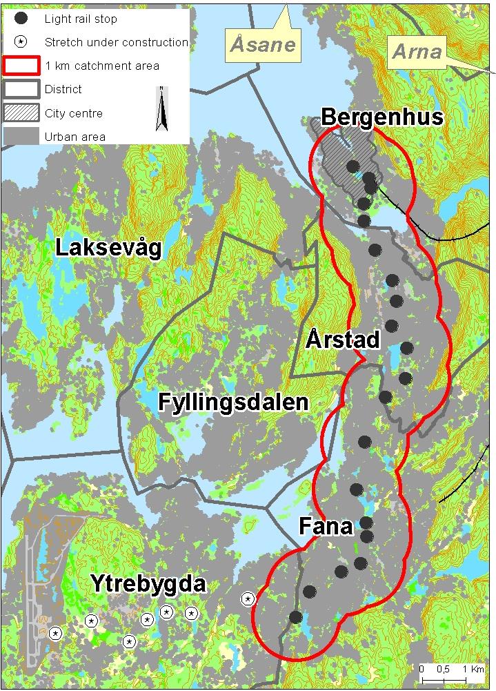 Banebasert byutvikling Bolig Befolkning Næring Viktigere: Andel av byens arbeidsplasser o Over halvparten av byens arbeidsplasser ligger innenfor Bybanens nedslagsfelt.