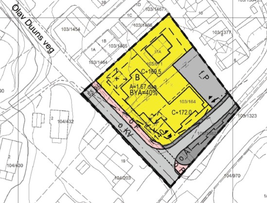 Tema Vedtatt plankart Planlagt tiltak Arealbruk Felles parkeringsplass Felles parkeringsplass reguleres til boligformål og parkering legges til parkeringskjeller.