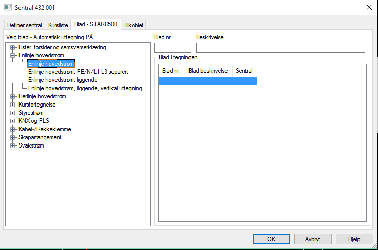 100 Automasjon DDS-CAD 11 Blad Enlinje hovedstrøm 1) Velg fanen Blad tilhørende tegning øverst i dialogen for å sette inn blad.