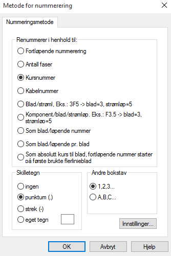 DDS-CAD 11 Automasjon 109 Endre komponentnummer i kurslisten Alle komponentene i en (eller flere) komponentgrupper skal nummereres i henhold til kursnummer, f.eks. kontaktorer og F-vern.