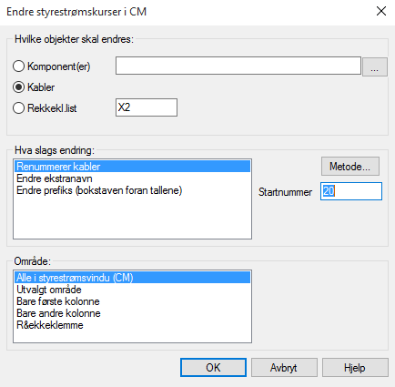 134 Automasjon DDS-CAD 11 17 Vi skal nå endre kabelnummer fra 2001 -> 20 og 2002 ->21 17. Klikk [Endre] for å endre kabelnummer på begge kabler samtidig. 18. Marker for Kabler. 19.