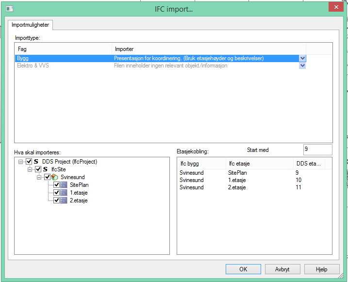 DDS-CAD 11 Import/eksport av ifc 33 Import - Import/eksport av ifc Vi anbefaler at du importerer samtilige IFC-filer før du begynner å tegne i modellen. Velg Importer Ifc.