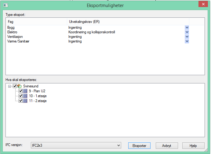 DDS-CAD 11 Import/eksport av ifc 35 Dersom du ikke ønsker å eksportere en disiplin, åpner du nedtrekksmenyen under feltet Utvekslingskrav (ER). Her kan du velge Ingenting.