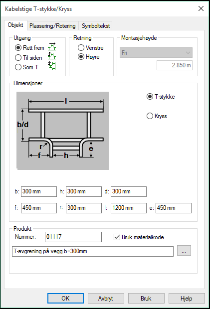 DDS-CAD 11 For T-stykke/Kryss åpnes denne dialog: Installasjon 79 Velg om det skal være T-stykke eller kryss til høyre for illustrasjonen.