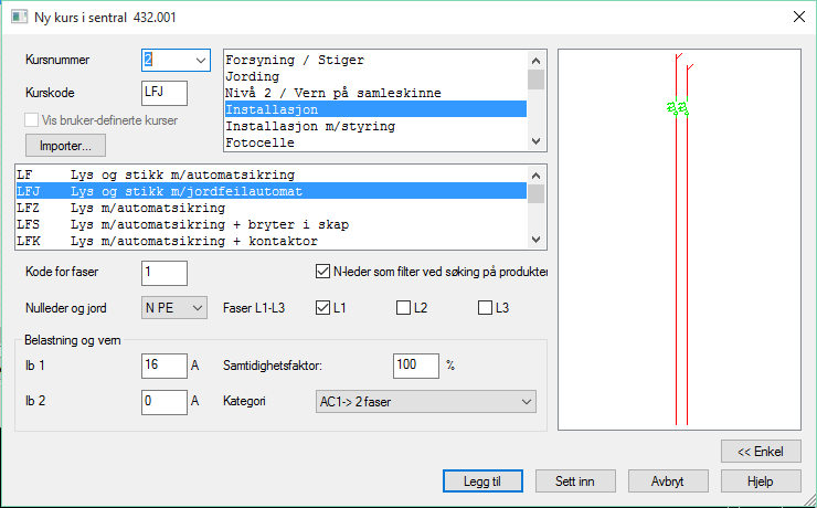 DDS-CAD 11 Installasjon 87 Kursgruppe Kurstype Kursnummer oppe til venstre velges automatisk som første ledige, men kan endres hvis ønsket.