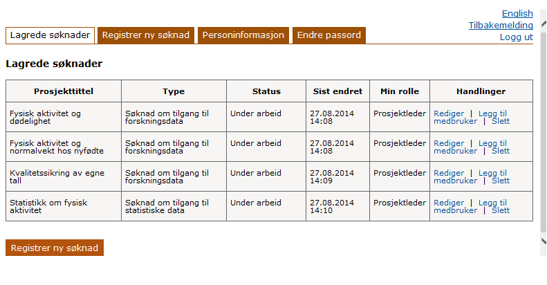 Benytt søknad om tilgang til forskningsdata dersom du ønsker data fra de sentrale helseregistre FHI forvalter, helseundersøkelser FHI forvalter og/ eller humant biologisk materiale fra FHI.