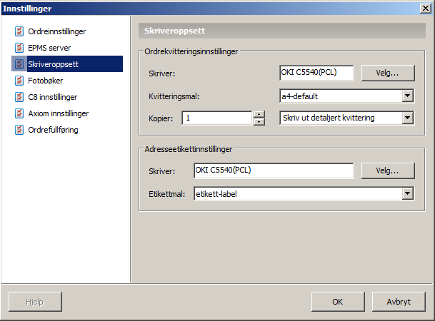 Skriveroppsett Her stiller vi inn ulike typer utskrifts innstillinger for Lablink. Dette krever at du har installert en skriver på Lablink maskinen eller i Nettverket.