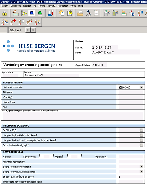 Rutine sidan 2007: Alle pasientar som vert innlagt i Helse Bergen skal kartleggast for underernæring (NRS 2002) ved innleggelse.