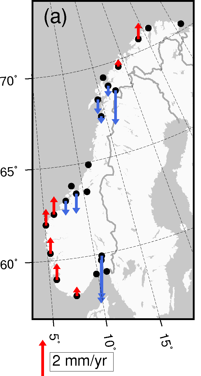 Observerte havnivåendringer i Norge Hastighetene til relative havnivåendringer fra vannstandsmålerne i Norge gjenspeiler landhevingsmønsteret.