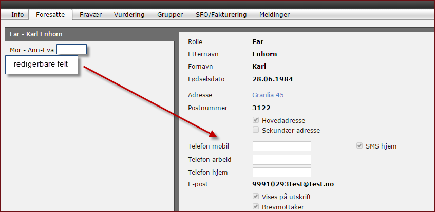 Info/foresatte I dette bildet kan du lese dit barns elevkort med mulighet til å redigere telefonnummer.