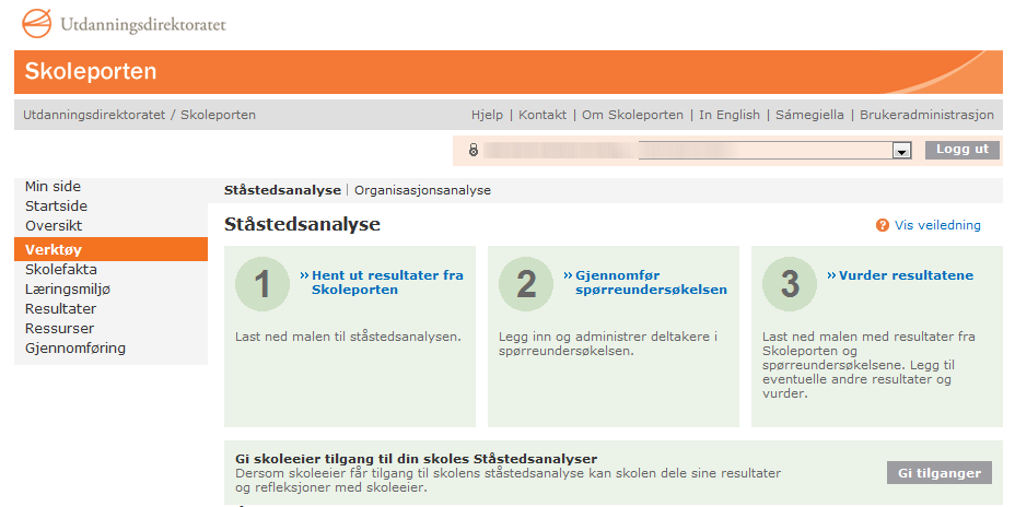 6. Forsiden for Ståstedsanalysen vises nå. Her er det 4 valg: a. Trinn 1: Hent ut resultater fra Skoleporten b.