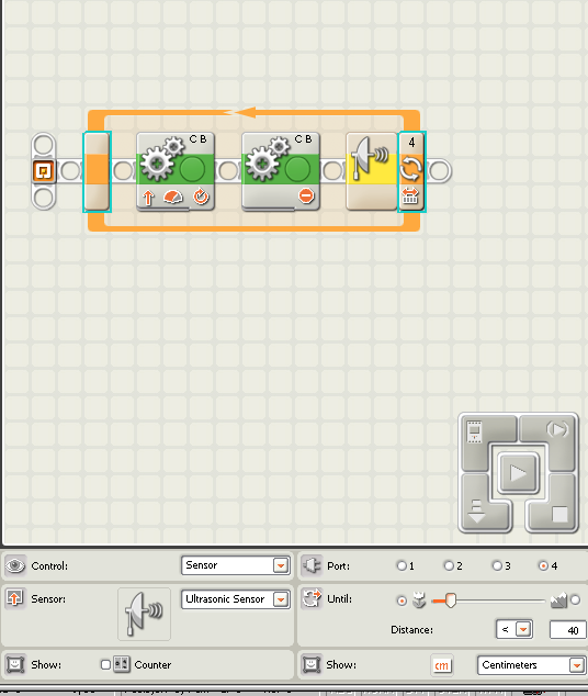 Bruk av løkke og sensor I skjermbildet på siden ser du et eksempel på bruk av Ultrasonisk sensor for å styre loopen.