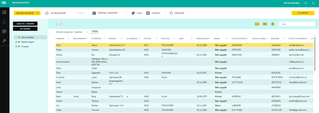 3. KONTAKT- & GRUPPEMODULEN Kontakt- og gruppemodulen ser ut som bildet ovenfor. Øverst finner du en verktøylinje som gir deg mange muligheter, disse gås gjennom steg for steg i seksjon 2.4.