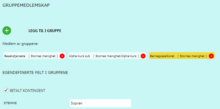 Du kan redigere innholdet i de egendefinerte feltene ved å: Gå inn på kontakten og se på seksjonen som heter gruppemedlemskap, trykker du på en gruppe som har egendefinerte felt vil disse vises og