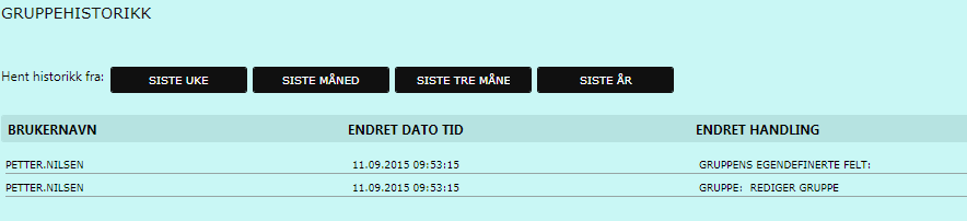 Gruppehistorikk Under gruppehistorikk kan du se hvem som har redigert gruppen og hva de redigerte. Du kan velge om du vil se historikk fra: Siste uke Siste måned Siste tre måneder Siste år 3.7.