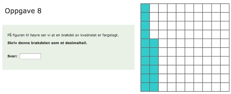 Oppgaveeksempel 12. Oppgave 8 Tall 5 7. Hvor stor del av kvadratet er fargelagt? Av tabell 13 går det fram at forholdsvis få elever har svart riktig: Oppgave 8 Tall 5 7 5.