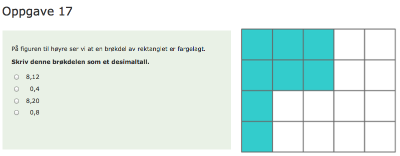 Oppgave 17 Tall 8 10 har samme problemstilling som oppgave 1 10 Tall 8 10 nevnt ovenfor, men den har en form som inviterer til å telle og ta utgangspunkt i en brøk eller et forhold ved rektanglet er