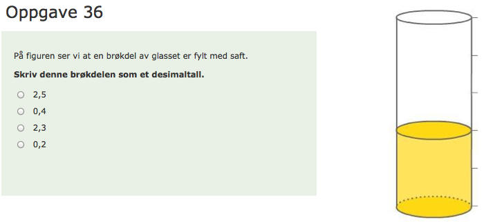 Oppgaveeksempel 15. Oppgave 36 Tall 8 10. Hvor stor brøkdel av hele glasset er fylt med vann? Skriv svaret som et desimaltall. Svarfordelingen for oppgave 36 Tall 8 10 følger i tabell 17 nedenfor.