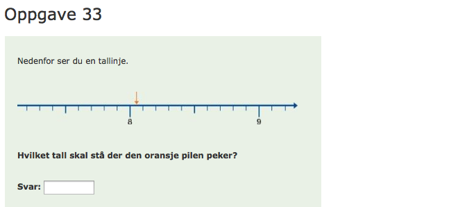 Vi legger merke til at mange elever svarer 2,8 eller 2,9. De leser av en av de nærmeste strekene til det punktet piler peker på.