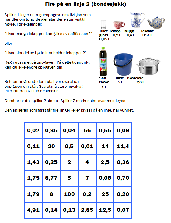 Spill av denne typen kan varieres på mange måter. Læreren kan gjøre tallene mer eller mindre vanskelige. Det er ikke noe i veien for å holde seg til hele tall.