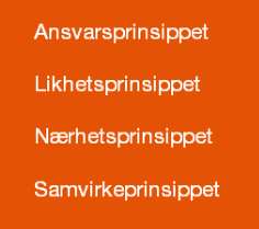 5 Prinsipper, ansvar og fullmakter 5.1 Prinsipper for beredskapsarbeid 1. Ansvarsprinsippet betyr at man har beredskapsansvar for de samme oppgaver som man har i normaltid. 2.