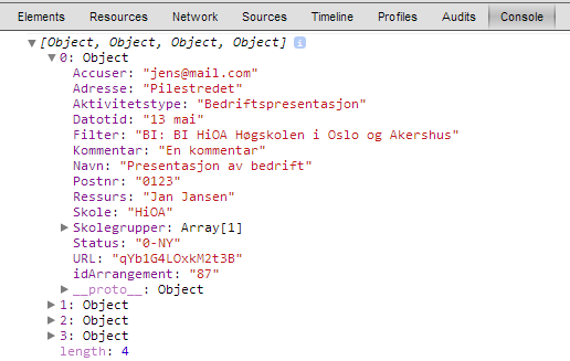 Bilde: 4,1 Konsollen brukte vi hyppig for å undersøke innholdet av variabler og objekter. function geteventlist() { getdata.getarrangementer(function(arrangementer){ console.