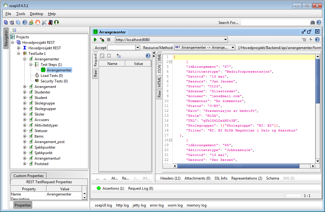 4.2.3 SoapUI SoapUI er et webtjenertesteprogram for serviceorienterte arkitekturer (SOA). Programmet har mange muligheter for testing, bl.a. funksjonell testing, webtjener testing, REST testing mm.