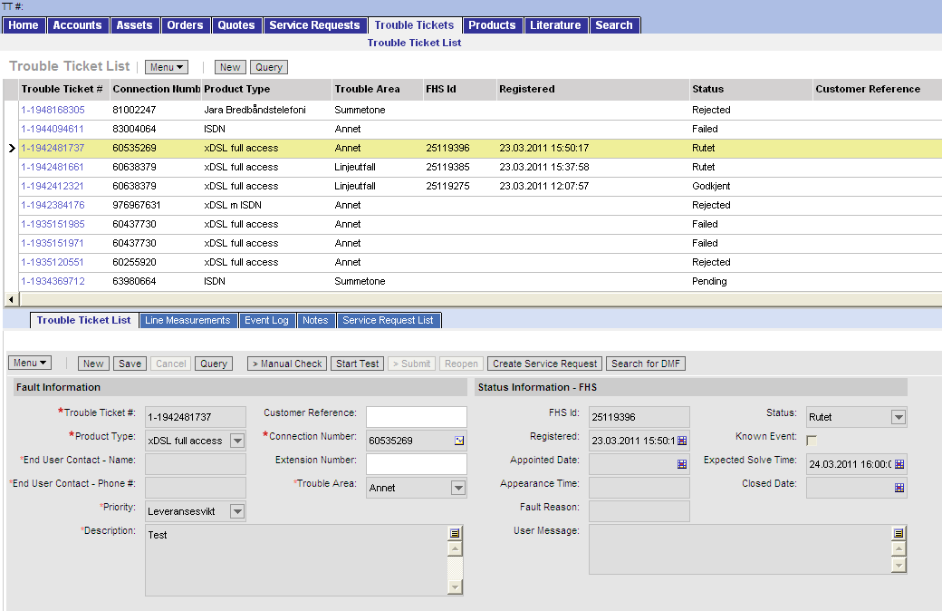 Service Requests Henvendelser mot Jara Feilmottak (3/5) Det anbefales at Service Request opprettes fra Trouble Tickets modulen ved å trykke på knappen Create Service Request.