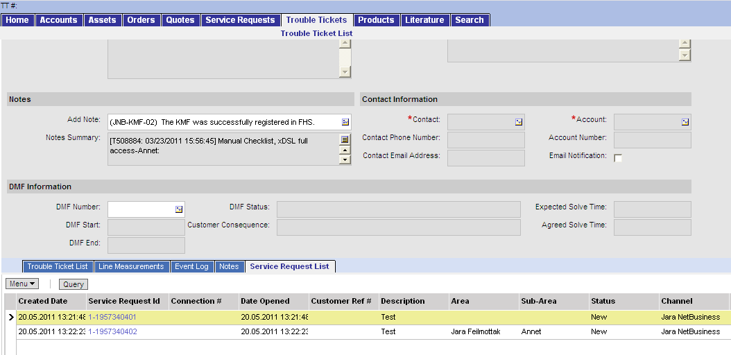 Service Requests Henvendelser mot Jara Feilmottak (5/5) Service Request som er knyttet mot en Trouble Tickets, har du tilgang til fra Trouble Tickets modulen under