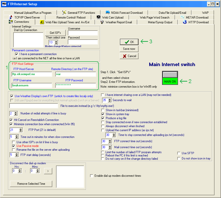 Trykk på fanen "Connections" 1 Fyll inn FTP Host Settings = FTP Vertsinnstillinger FTP Host/Server (det kan hende domenet skal være uten ftp.