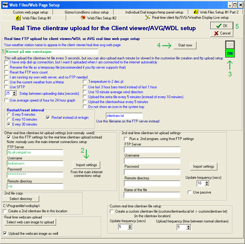 1 Skriv inn værstasjonens navn (for bruk i Weather Display Live som vi skal installere senere) 2 Trykk på knappen [Import settings] for å hente inn innstillingene vi la inn i stad også hit.