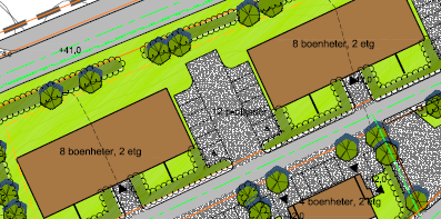 Illustrasjon som viser planlagt utbygging og dårlig parkeringsløsning.