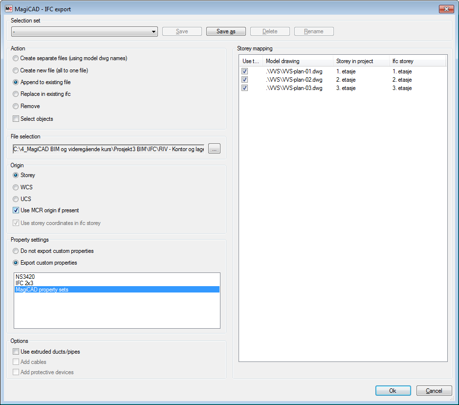 Velg Append to existing IFC file og velg under File selection den IFC-filen som ble eksportert ovenfor fra MagiCAD Room.