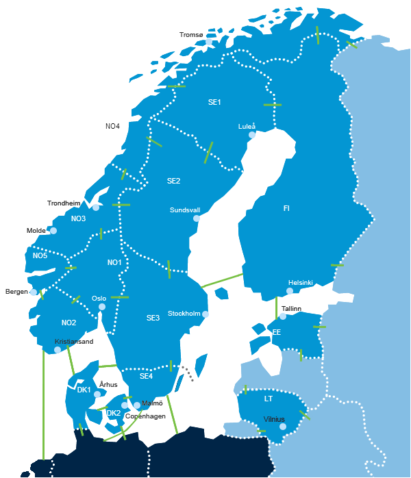 Figur 11: Oversikt over inndelingen av de ulike prisområdene som inngår i det nordiske kraftmarkedet NordPool Spot. Oppdatert mai 2013 (NordPool Spot 2013b). 3.5.