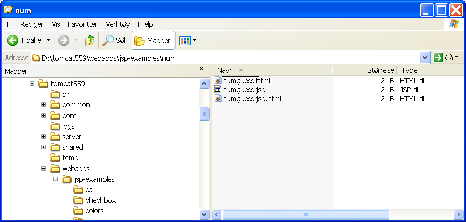 Installasjon av web-tjener og teori side 17 av 23 Figur 10: numguess.jsp La oss først konstantere at dette faktisk er en JSP-fil. Dette ser vi av at URL en slutter med.jsp. Hvis du taster inn et tall i HTML-formen over (og trykker submit) så ser du at det faktisk skjer noe!