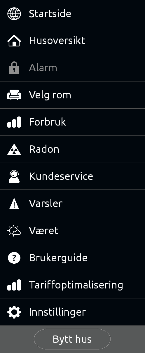 4. Hovedmeny 4.1 Beskrivelse Denne menyen gir deg tilgang til alle dine soner og tjenester. Dersom en tjeneste ikke er tilgjengelig vil den ha en grå farge i hovedmenyen. 4.2 