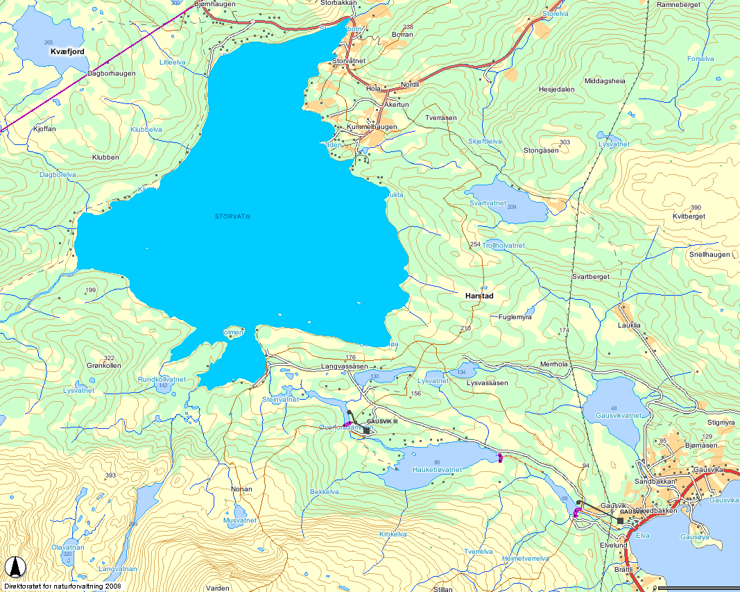 . Gausvik-reguleringa..1 Områdebeskrivelse Storvatn er hovedmagasin for reguleringa, og Øvrefoss kraftverk kjøres på vann fra Storvatnmagasinet.