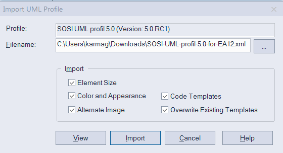 Side:26 av 41 Statens I dialogvinduet "Import UML Profile" velger du den nedlastede filen under Filename. Hak av Overwrite Existing Templates og bekreft ved å klikke på Import. 7.