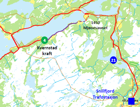 3.2 Planlagt tiltak Det er planlagt en ny forbindelse fra 1510 Kvernstad i østlig retning frem til 1450 Mjønesaunet for å styrke forbindelsen til Kvernstad Kraft.