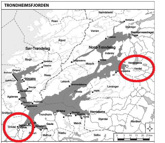 Figur 2: Trondheimsfjorden med Verdalsvassdraget i nordøst og Orkla lengst sørvest. (Prop.- 32 2006-2007) Verdalselva har f.o.m år 2010 innskrenket fiskesesongen til 4-7 uker på grunnlag av bekymringer for villaksbestanden.