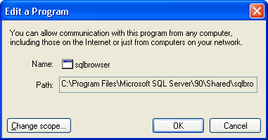 Etter installasjon Kontroller følgende innstillinger: sqlbrowser: C:\Program Files\Microsoft SQL Server\90\Shared\sqlbrowser.exe 6. Klikk OK. 7. Merk sqlservr, og klikk Rediger.
