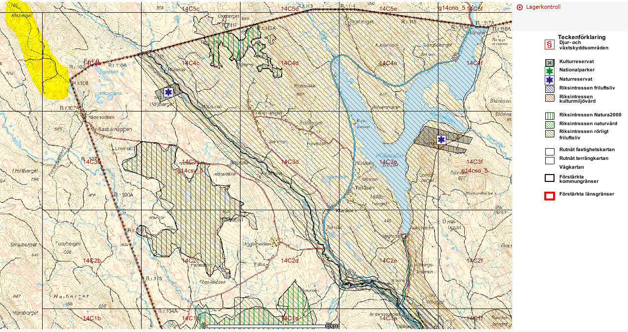 rao4n2 2008-01-23 Figur 5-1. Kart som viser riksinteresser og vernede områder i Torsby kommun, Värmland i nærområdene til Kjølberget vindkraftverk. Kilde: Länskartor, En rute er ca. 5 km x 5 km.