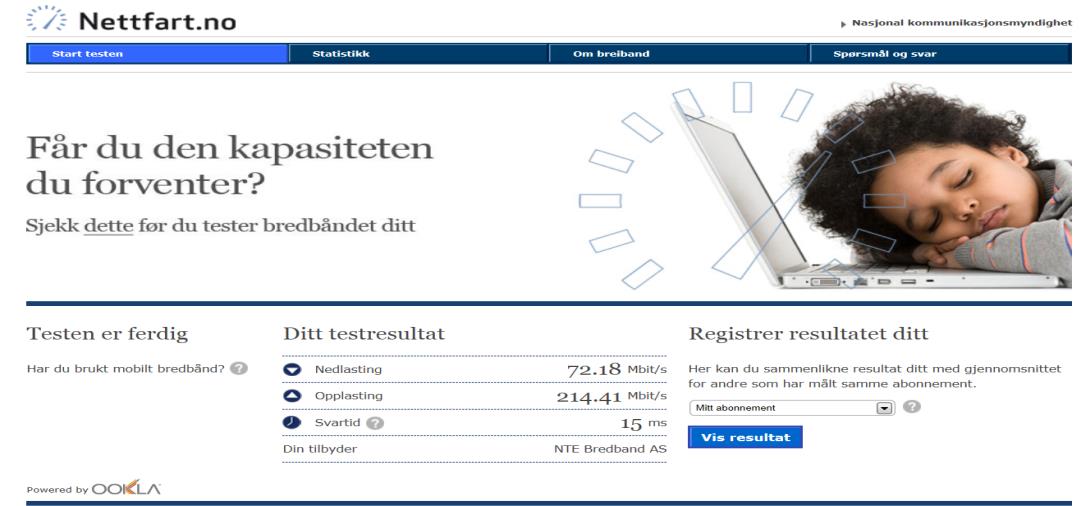 no og trykk på Start testen. Etter noen sekunder kommer resultatet fram på skjermen.