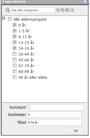 De ulike kalkuleringsalternativene Legg sammen Hvis man ønsker en annen gruppering på en variabel enn den som ligger tilgjengelig i tabellen fra før kan man gjøre det ved å legge sammen ulike